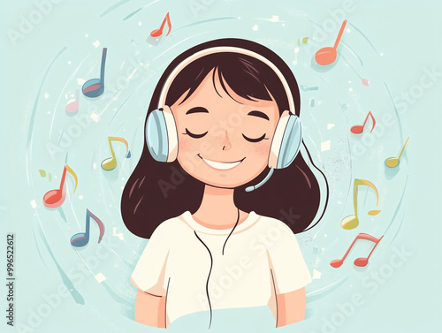 A girl smiling and listening to music with headphones, flat design illustration with simple shapes and lines. 