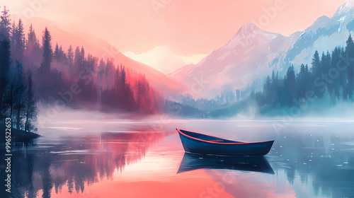 Fototapeta Naklejka Na Ścianę i Meble -  Fantastic evening panorama landscape with fog and forest boat in lake sunrise and sunset in mountains , abstract art wallpaper for prints, art decoration, wall. Frozen Lake. Illustration