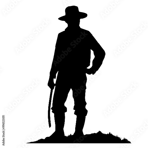 Farmer Silhouette with Pitchfork Isolated on White Background – Vector Illustration