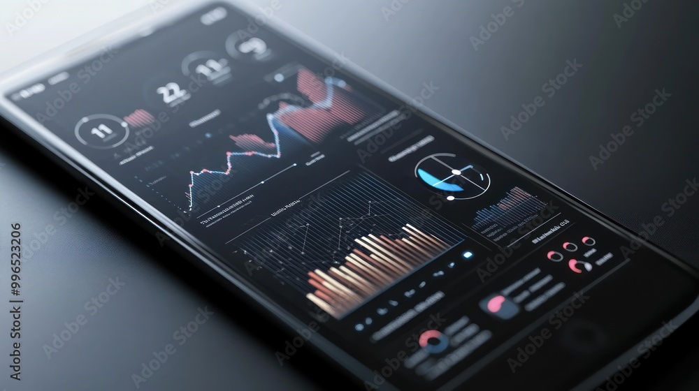 Close-up of a modern smartphone displaying vibrant data analytics and graphs on a dark surface. Close-up of a modern smartphone displaying vibrant data analytics and graphs on a dark surface.