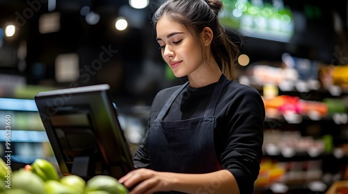 Smiling Grocery Store Cashier at Checkout Counter.