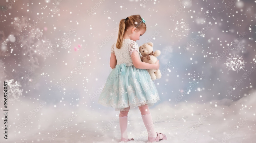 Fototapeta premium Little girl in a blue dress with a teddy bear in her hands 
