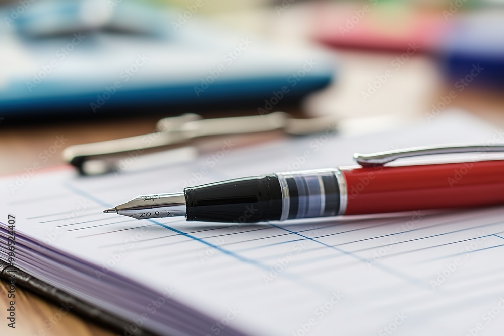 Close-up of pen on lined notebook, concept of writing. Close-up of pen on lined notebook, concept of writing.