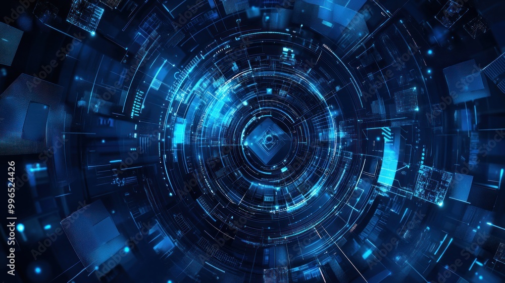 Fototapeta premium Futuristic blue digital abstract background with interconnected circular patterns and glowing data elements.