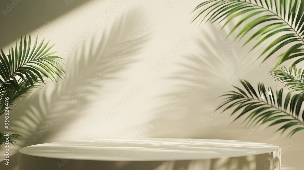 A serene setting featuring a round pedestal with lush green palm fronds casting soft shadows on a light background. A serene setting featuring a round pedestal with lush green palm fronds casting soft shadows on a light background.