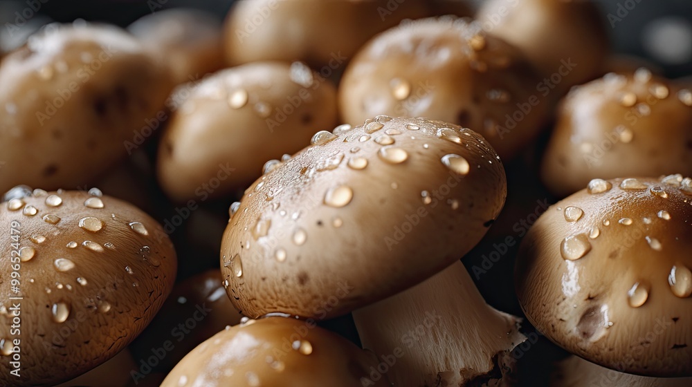 A pile of fresh mushrooms with water droplets glistening on their smooth surface, showcasing their natural texture. A pile of fresh mushrooms with water droplets glistening on their smooth surface, showcasing their natural texture.