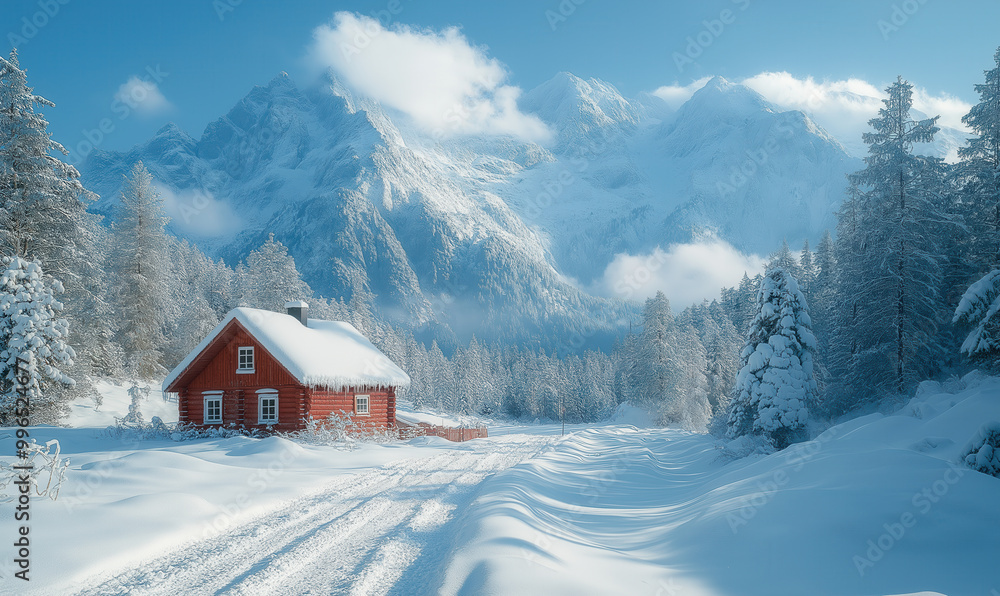 Wooden house in the forest on a winter day with mountains in the background. Wooden house in the forest on a winter day with mountains in the background.