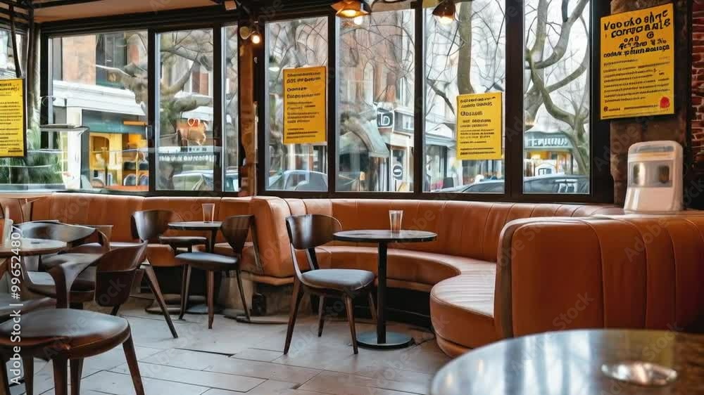 A cozy caf? interior with seating, tables, and large windows showcasing the street outside. A cozy caf? interior with seating, tables, and large windows showcasing the street outside.