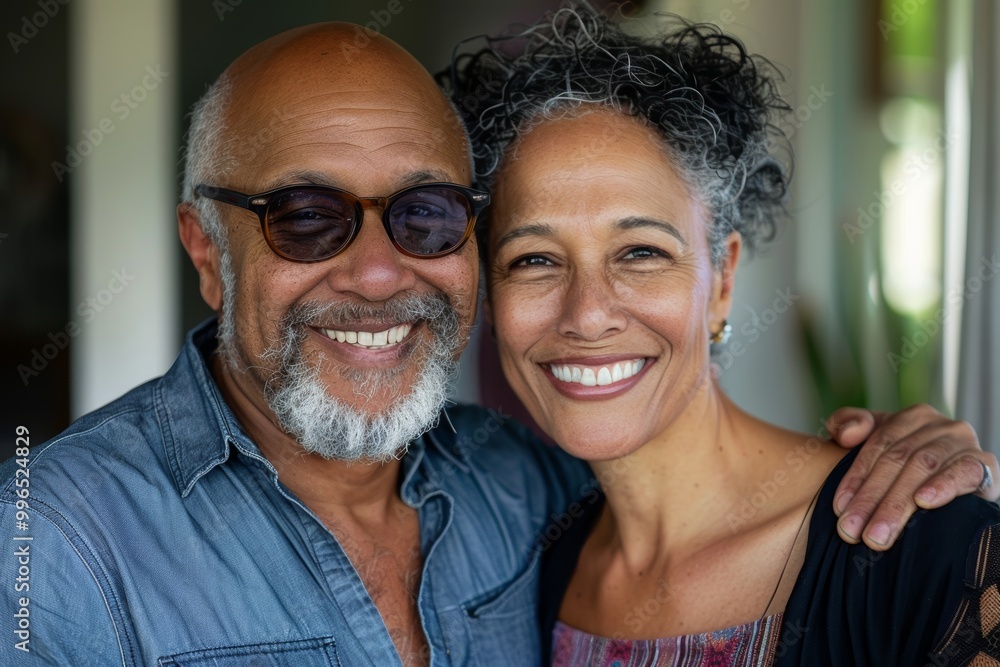 Portrait of a smiling mixed race couple in their 60s celebrating anniversary Portrait of a smiling mixed race couple in their 60s celebrating anniversary