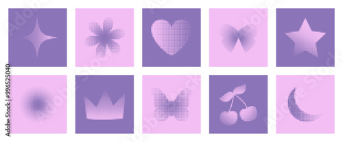 Retro halftone y2k cards, posters set. Futuristic polka dot design elements. Heart symbol, flower sign, butterfly icon, moon figures on purple, violet, pink background. Vector illustration 