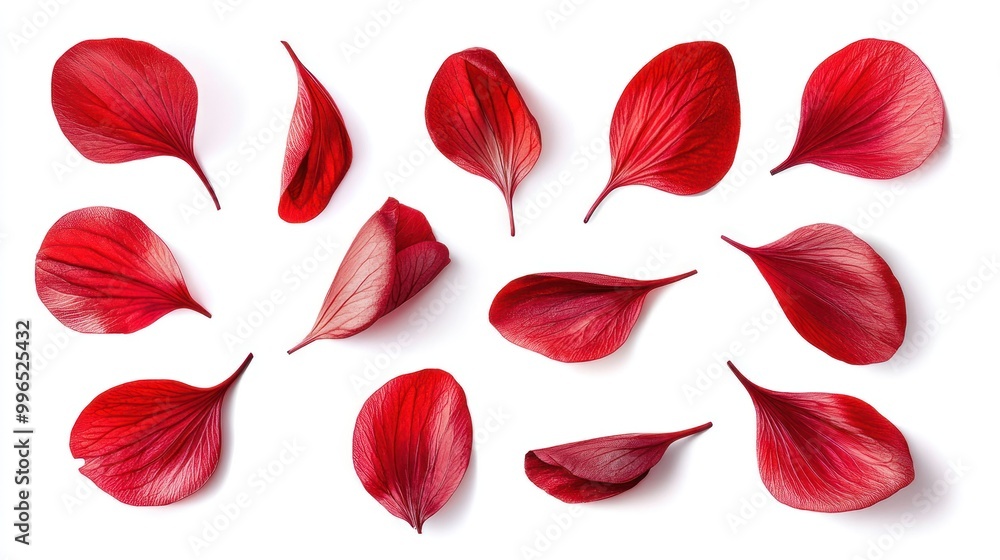 Fototapeta premium A collection of vibrant red flower petals arranged artistically on a white background, showcasing their delicate textures.
