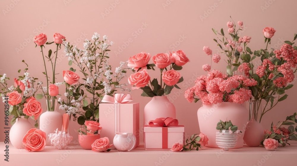A beautiful arrangement of coral roses and delicate flowers set against a soft pink backdrop, exuding elegance and warmth. A beautiful arrangement of coral roses and delicate flowers set against a soft pink backdrop, exuding elegance and warmth.