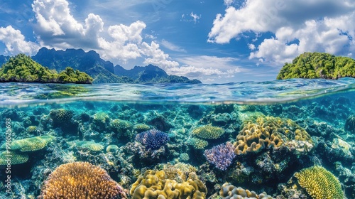 A vibrant underwater scene showcasing colorful coral reefs beneath a serene sky.