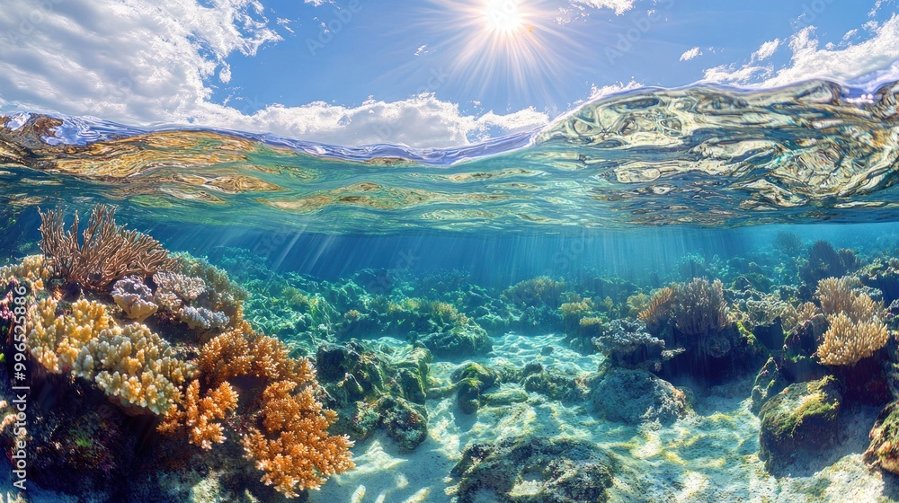 Vibrant coral reef beneath sunlit water, showcasing a colorful underwater ecosystem. Vibrant coral reef beneath sunlit water, showcasing a colorful underwater ecosystem.
