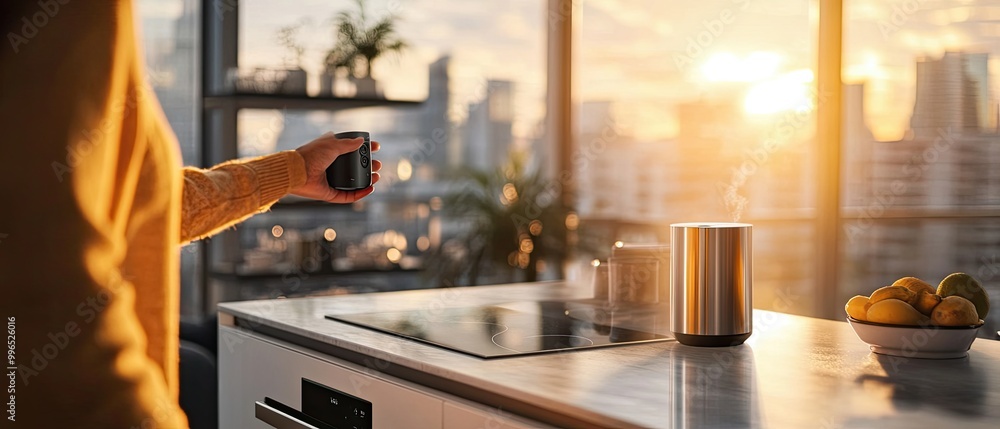 A cozy kitchen scene with a steaming cup, city view, and natural light, perfect for conveying warmth and comfort. A cozy kitchen scene with a steaming cup, city view, and natural light, perfect for conveying warmth and comfort.