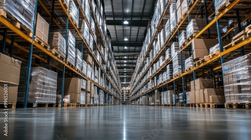 Rows of shelves in a distribution warehouse filled with organized inventory, ready for shipment to various destinations.