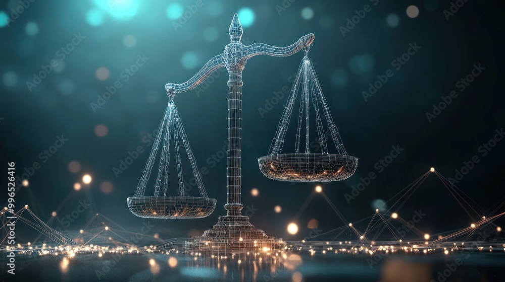 A futuristic digital representation of justice scales floating in a dark, luminous environment, symbolizing balance and fairness. A futuristic digital representation of justice scales floating in a dark, luminous environment, symbolizing balance and fairness.