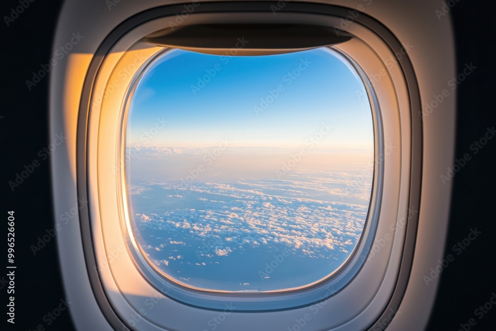 Airplane window view showing clouds and blue sky at sunset. Airplane window view showing clouds and blue sky at sunset.