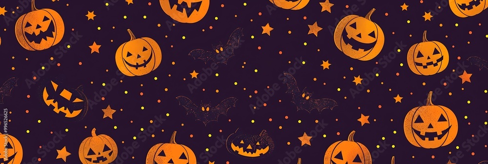 Halloween pattern of tiny jack-o'-lanterns and bats on a dark purple background, repeating in a playful design Halloween pattern of tiny jack-o'-lanterns and bats on a dark purple background, repeating in a playful design