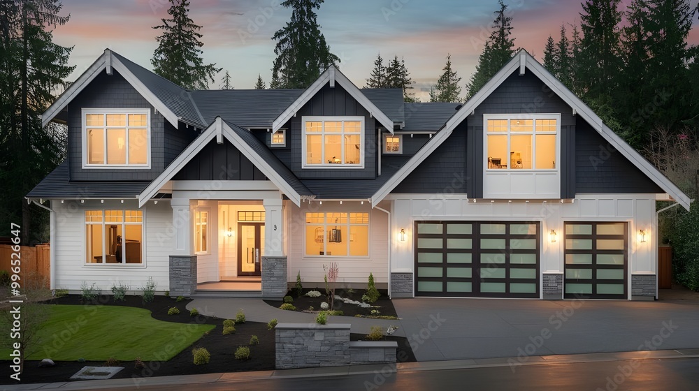 Modern Farmhouse Exterior with Lights on at Dusk Modern Farmhouse Exterior with Lights on at Dusk