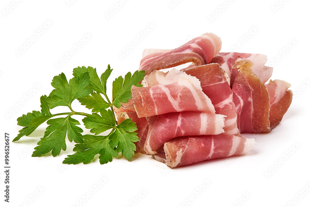 Delicious Serrano ham, cured jamon iberico, isolated on white background. Delicious Serrano ham, cured jamon iberico, isolated on white background.