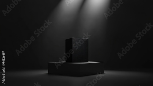 A sleek black speaker illuminated by dramatic lighting in a dark setting, emphasizing its modern design and minimalist aesthetic.