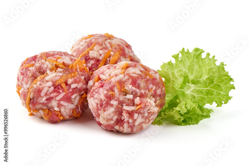 Raw pork meatballs, isolated on white background.