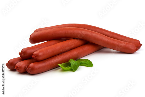 Long thin smoked sausages, isolated on white background. photo