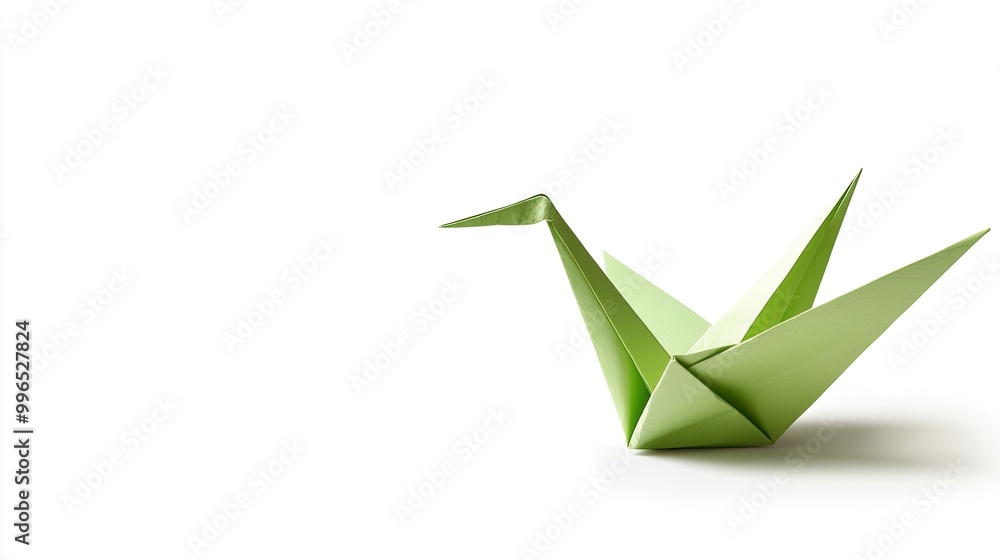 A delicate green origami crane symbolizing peace and hope, set against a minimalist white background. A delicate green origami crane symbolizing peace and hope, set against a minimalist white background.