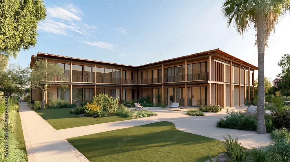 Modern Tropical House with Lush Greenery and a Palm Tree. Modern Tropical House with Lush Greenery and a Palm Tree.