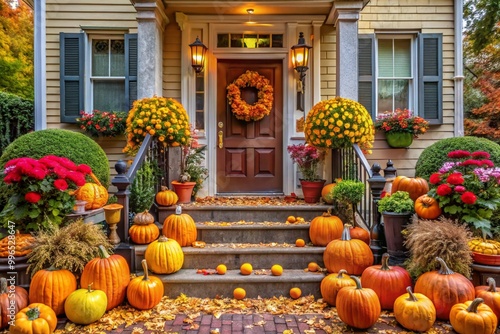 Decorated at front yard of a American home. Halloween decorated front door with pumpkins.