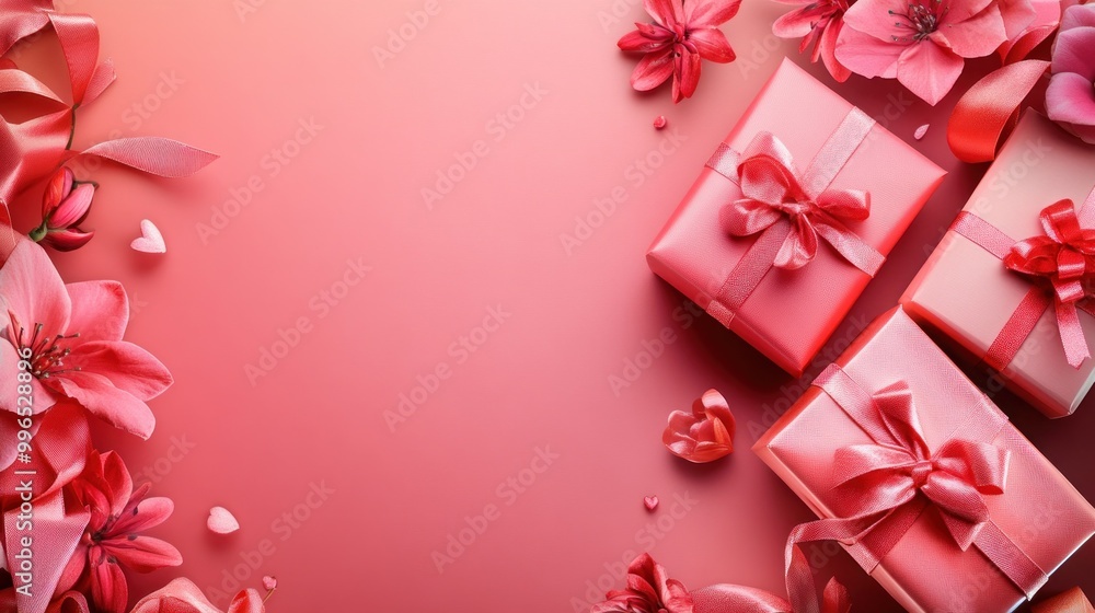 Colorful arrangement of pink gifts and flowers, creating a festive and romantic atmosphere. Colorful arrangement of pink gifts and flowers, creating a festive and romantic atmosphere.
