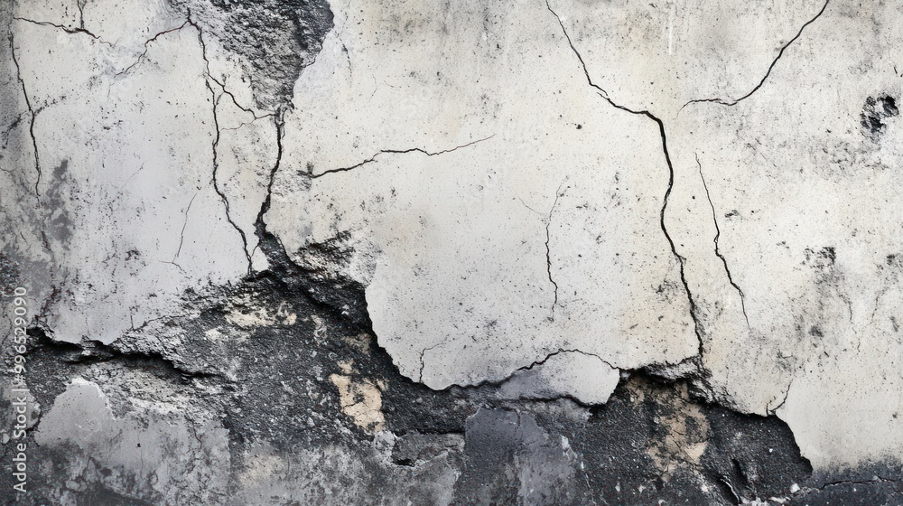 Fototapeta premium Close-up of a weathered concrete wall with visible cracks and peeling layers.