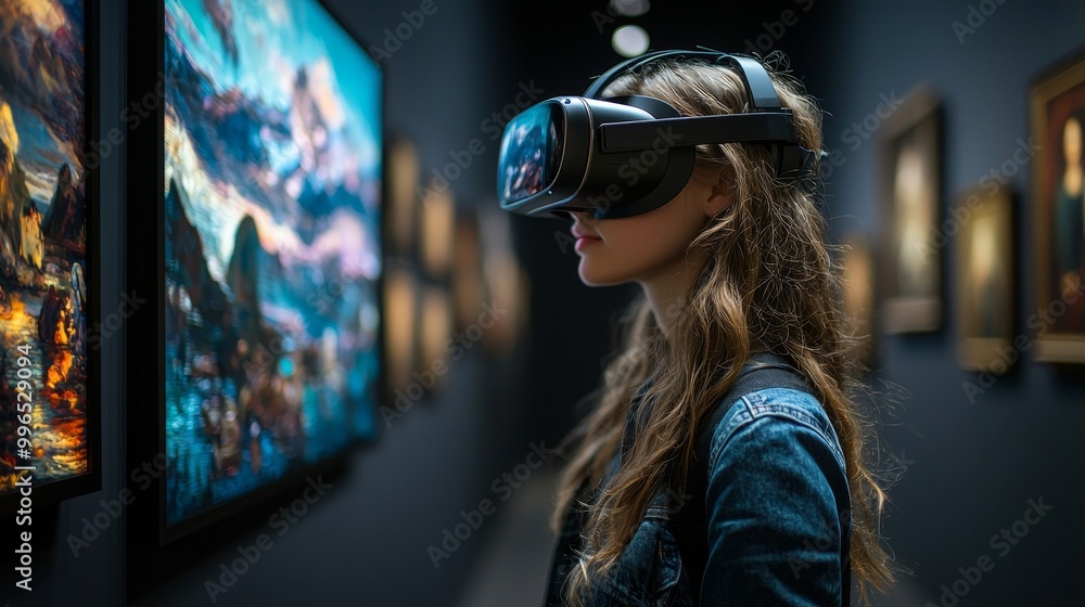 Woman wearing a virtual reality headset using it to visualize a museum art gallery with paintings, virtual museum tour Woman wearing a virtual reality headset using it to visualize a museum art gallery with paintings, virtual museum tour