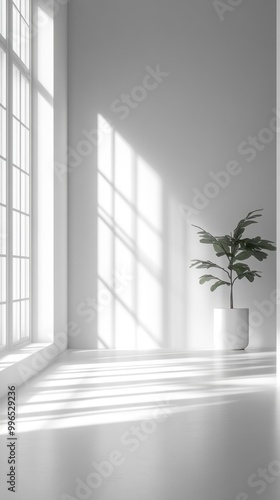 Minimalist White Room with a Single Plant and Window Light