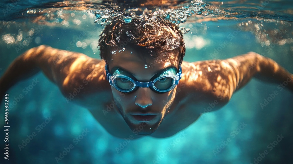 Fototapeta premium A young Caucasian male swimmer with goggles gliding below the water surface, showcasing athleticism and focus.