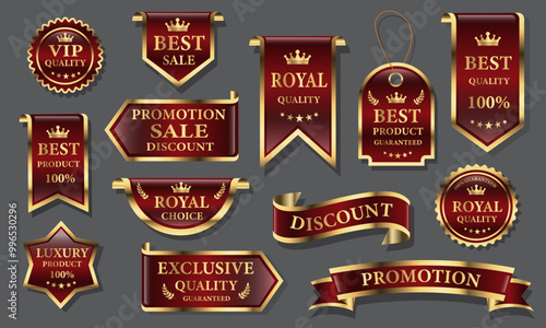Red golden luxury premium quality label badges on grey background vector