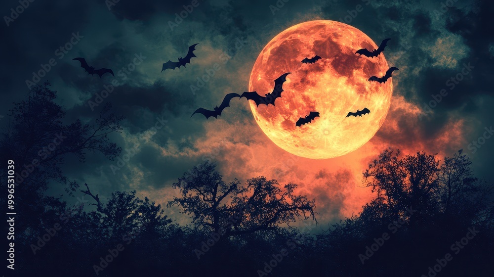Haunting Full Moon Night with Bats, Clouds, and Twisted Trees Silhouetted in the Sky Haunting Full Moon Night with Bats, Clouds, and Twisted Trees Silhouetted in the Sky