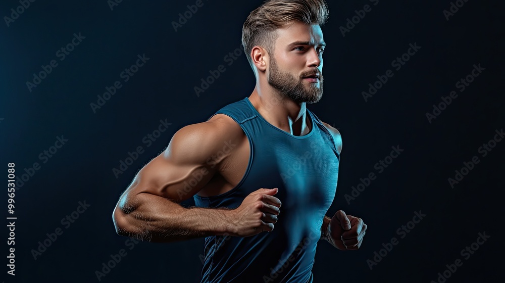 Obraz premium A fit man running in a dark environment, showcasing strength and determination during a workout session.