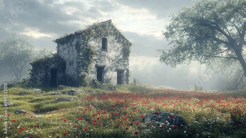 Abandoned Stone House in a Field of Flowers