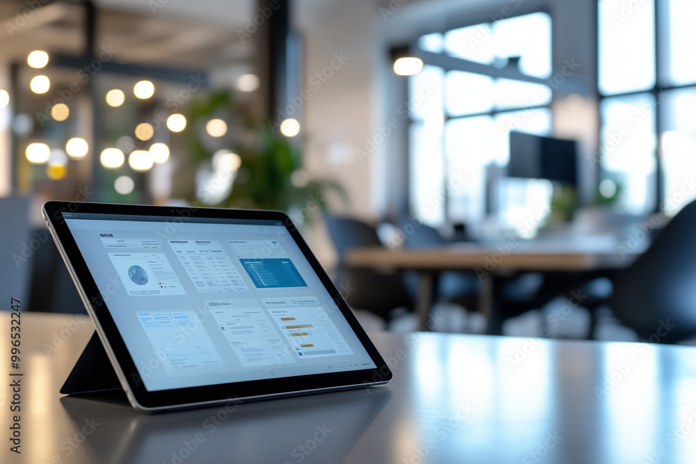 Digital tablet displaying business data in a modern office, emphasizing technology integration and data-driven decision-making in corporate environments Digital tablet displaying business data in a modern office, emphasizing technology integration and data-driven decision-making in corporate environments
