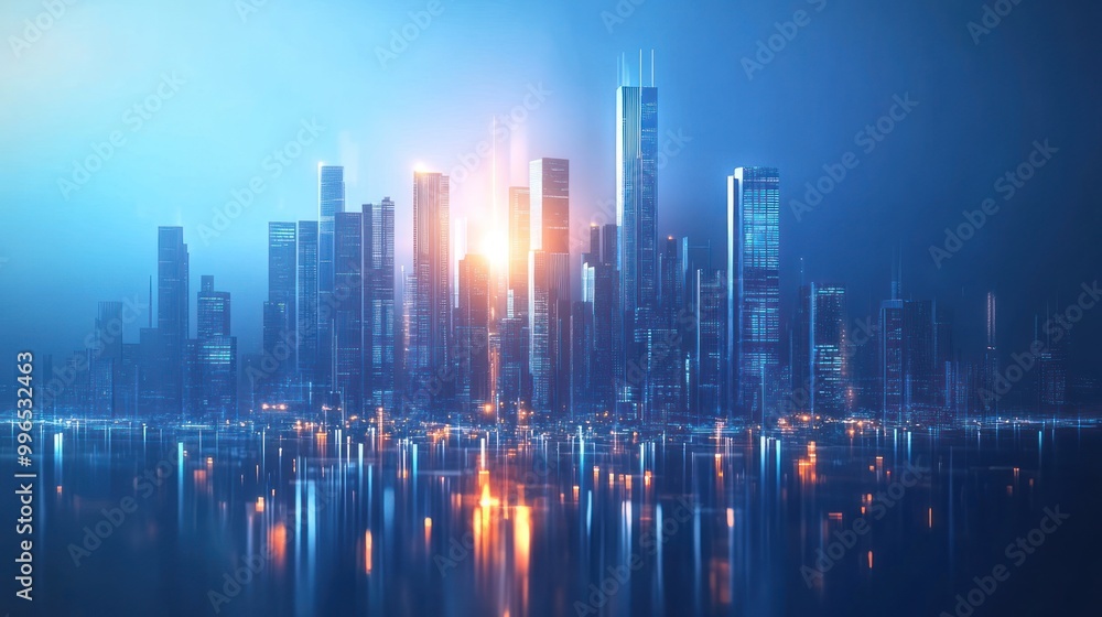 Obraz premium A stunning futuristic cityscape at dawn, illuminated by shimmering lights and reflecting on the calm water below.