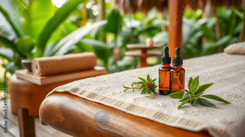 Bottle of essential oil with green leaves on wooden table in spa