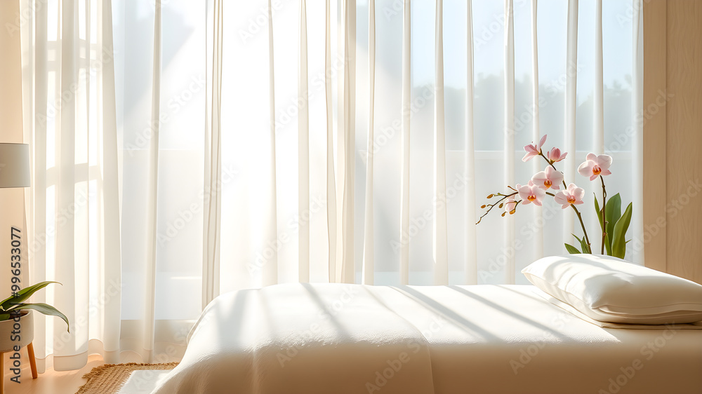 Beautiful light from window on bedroom interior with white curtain and flower Beautiful light from window on bedroom interior with white curtain and flower
