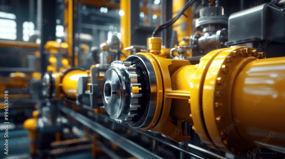 A close-up of industrial pipelines with vibrant yellow fittings and complex machinery, showcasing precision engineering. A close-up of industrial pipelines with vibrant yellow fittings and complex machinery, showcasing precision engineering.