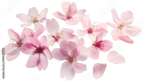 Delicate pink cherry blossom petals scattered artistically on a white background.