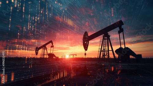 Silhouetted oil pumps against a vibrant sunset, illustrating the intersection of technology and natural resources.