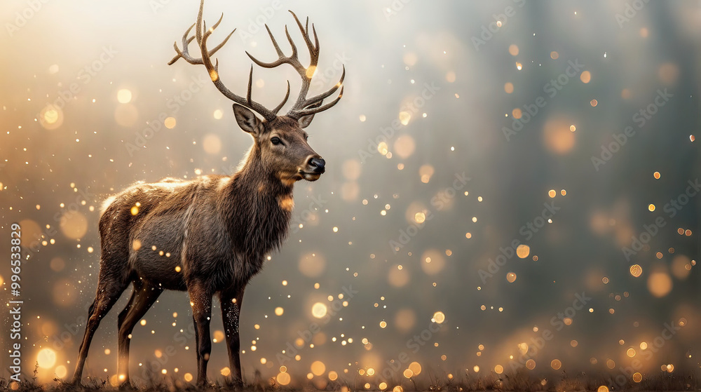 Illustration AI majestic deer in a glowing forest with bokeh lights. Christmas concept. Illustration AI majestic deer in a glowing forest with bokeh lights. Christmas concept.