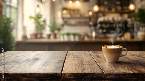 Warm and Cozy Coffee Shop Ambiance - Wooden Table with Steaming Cup of Coffee in Soft Focus Cafe Background for Marketing Design Copy Space