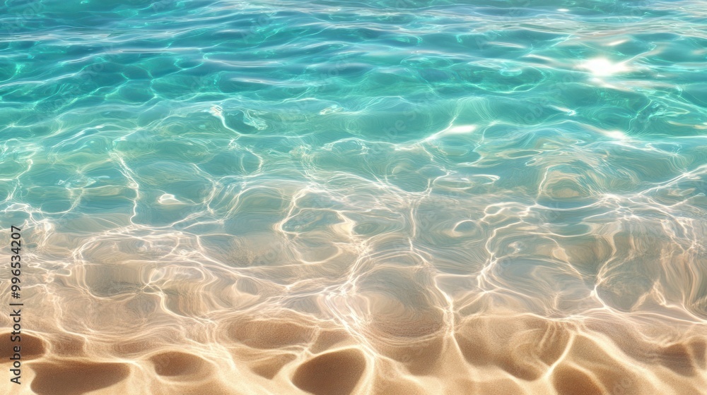 Fototapeta premium Crystal clear turquoise water gently rippling above golden sand.